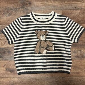 cream and grey short sleeve knit sweater with teddy bear